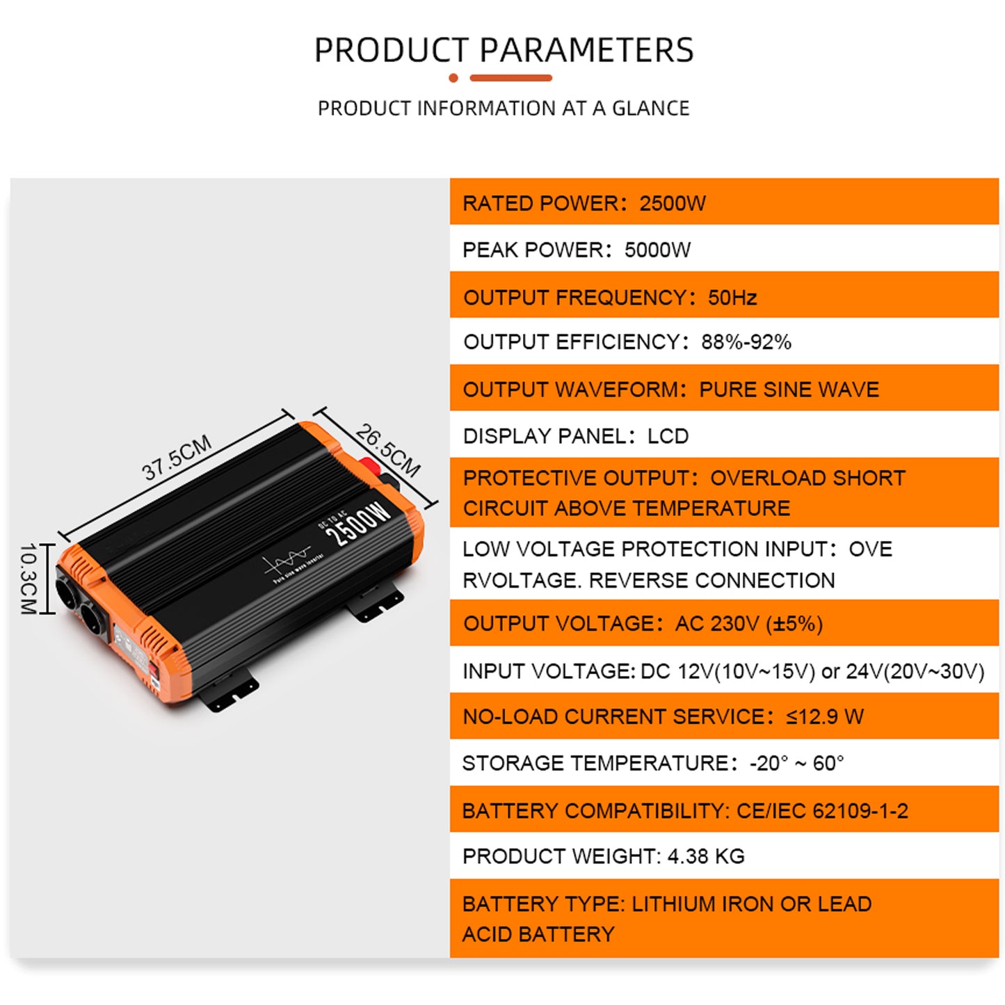 FCHAO 2500W Continuous Power Pure Sine Wave Inverter 12V/24V to 220V with Remote Controller, LCD Display – 5000W Converter for Home, RV, and Truck