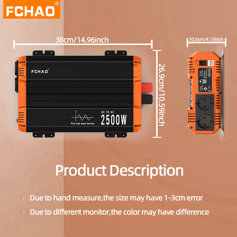 FCHAO 2500W Continuous Power Pure Sine Wave Inverter 12V/24V to 220V with Remote Controller, LCD Display – 5000W Converter for Home, RV, and Truck