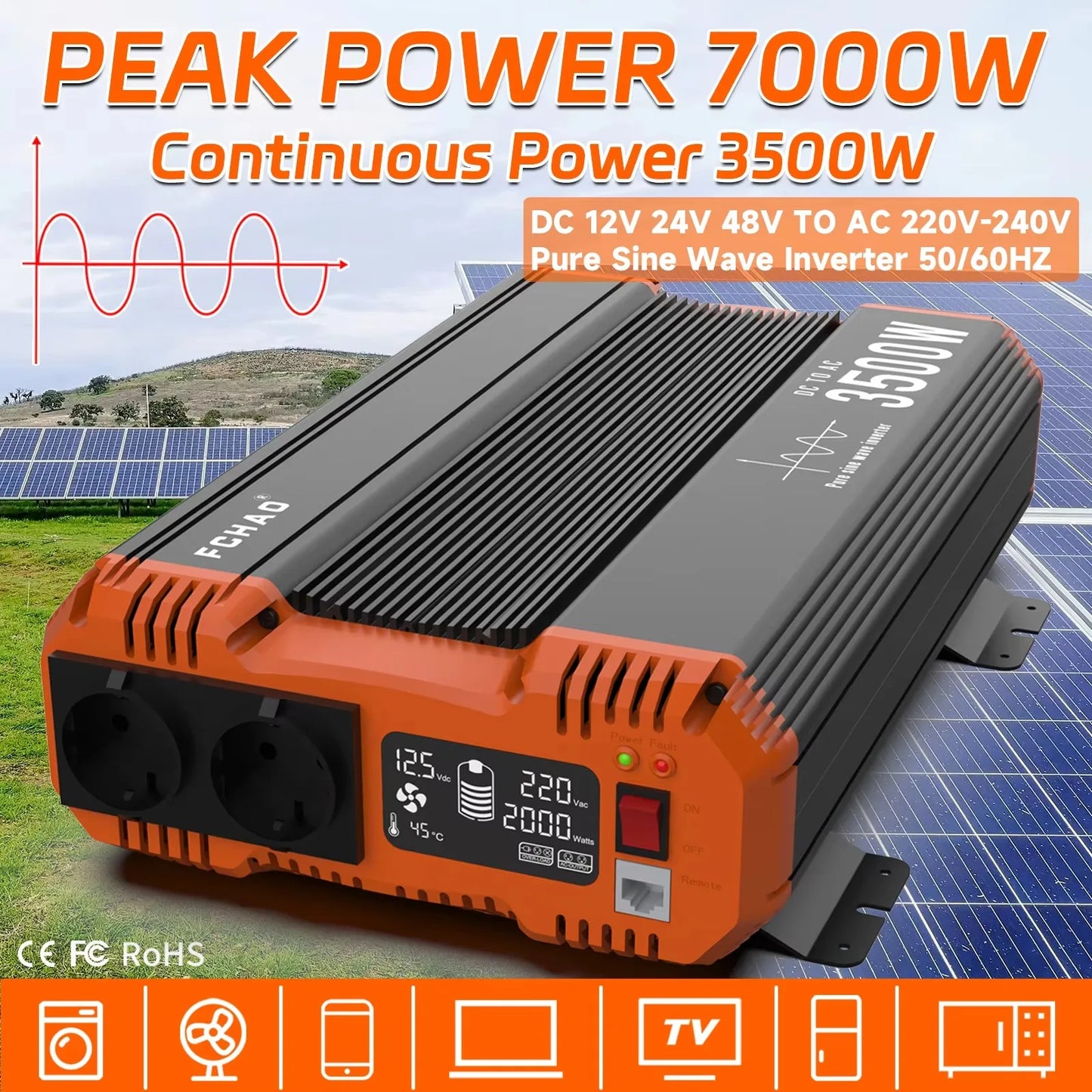 Fchao 7000W Pure Sine Wave Inverter Power DC 12V 24V 48V To AC 220V 230V 50HZ Continuous Power 3500W Suitable For Home And RV