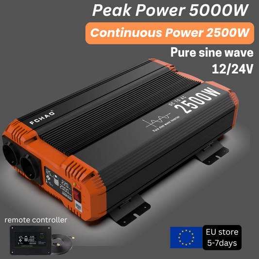 FCHAO 2500W Continuous Power Pure Sine Wave Inverter 12V/24V to 220V with Remote Controller, LCD Display – 5000W Converter for Home, RV, and Truck